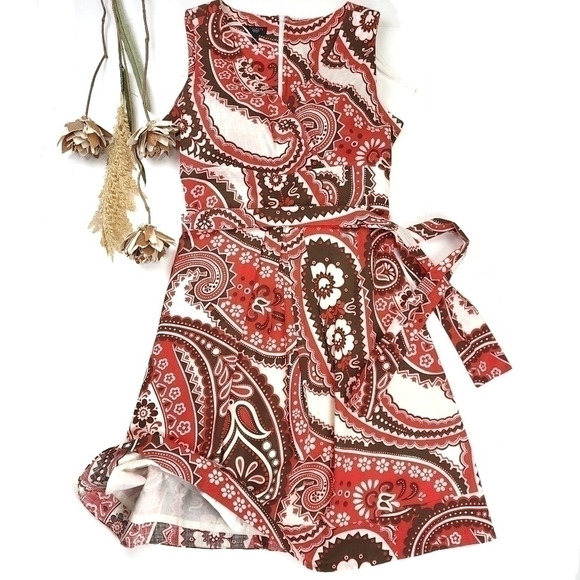 New Talbots Cream Red Brown Patterned Belted Dress Sz 12p - Picture 11 of 16